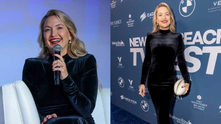 Kate Hudson Wears Velvet Black Dress for Newport Beach Event
