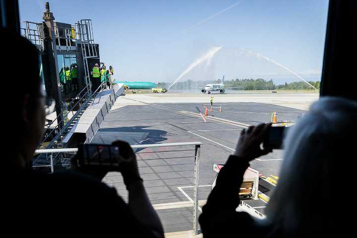 Water cannons salute Frontier on its first day at Paine Field