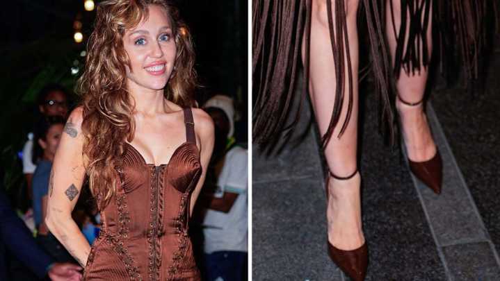 Miley Cyrus Wears Brown Gaultier Dress, Ankle