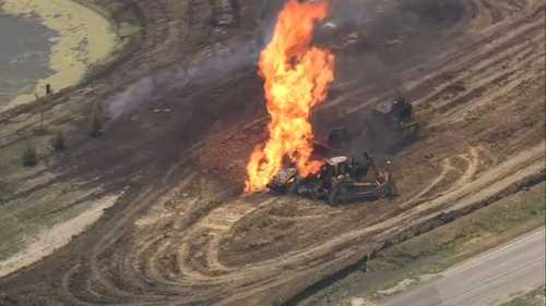 Oswego fire: Large flames burn construction vehicles after natural gas line damaged on Chesapeake Lane near Wolf Road