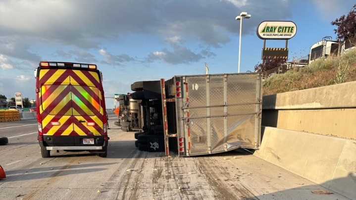 Car cutting off a semitruck causes rollover on I