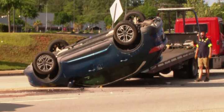 LOOK: Car flipped in crash on Bush River Road