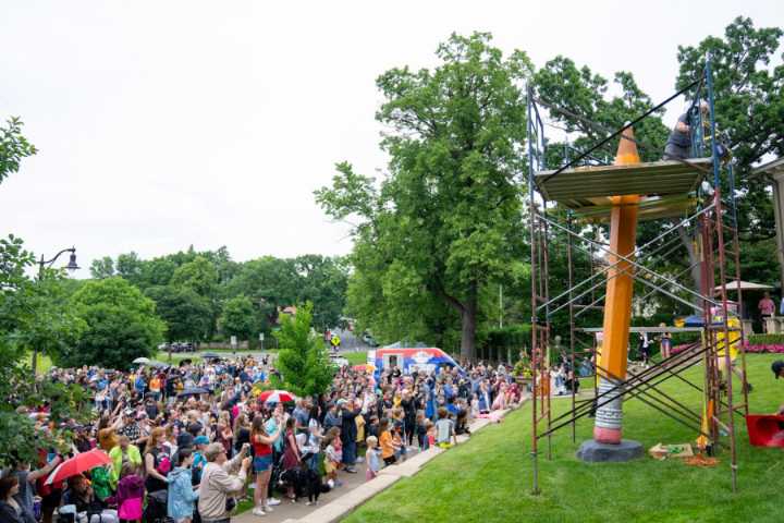 20-foot-tall pencil gets its annual sharpening