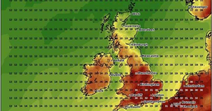 Date when UK temperatures could rise up to 32C as heat maps turn red