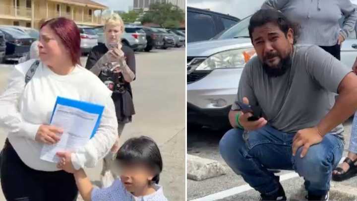 Un papá llora luego de la detención de su esposa y su hijo en una corte de inmigración