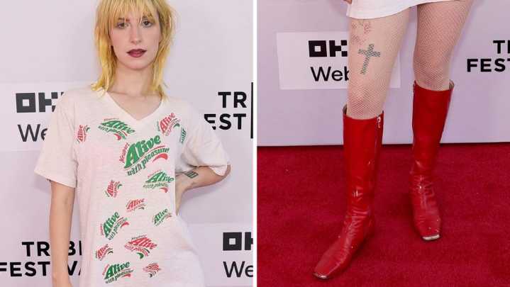 Hayley Williams Wears Slogan Tee, Red Knee