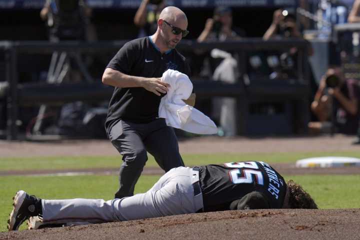 Marlins starter Ryan Weathers pitches 3 innings after getting hit in the head by catcher's throw