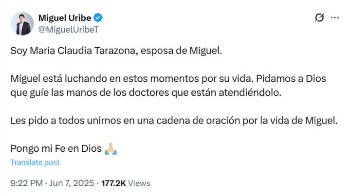 El senador colombiano Miguel Uribe está "luchando" por su vida, dice su esposa