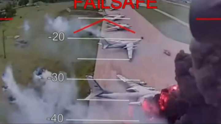 Clearest vid yet of daring Op Spiderweb shows 35 Ukrainian bomb drones blowing up plane after multimillion dollar plane
