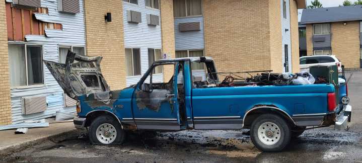 Pickup destroyed by fire in parking lot of Fargo hotel
