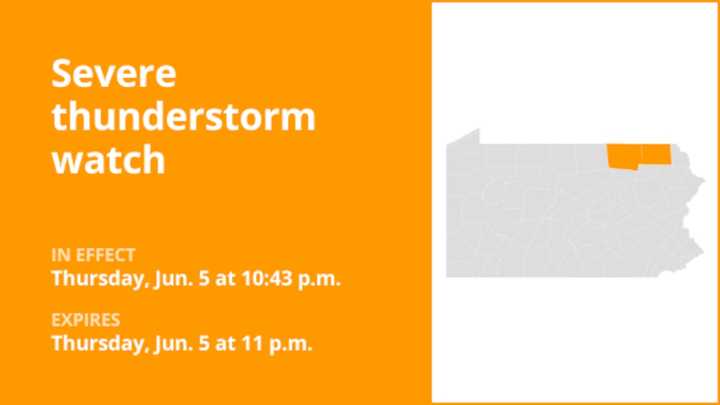 Update: Severe thunderstorm watch in place for Bradford and Susquehanna counties Thursday night