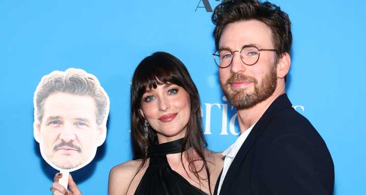 Chris Evans & Dakota Johnson Kiss Pedro Pascal Cutout at ‘Materialists’ Premiere In NYC | Celine Song, Chris Evans, Dakota Johnson, Materialists, Patti Stanger, Pedro Pascal, sawyer spielberg | Just J