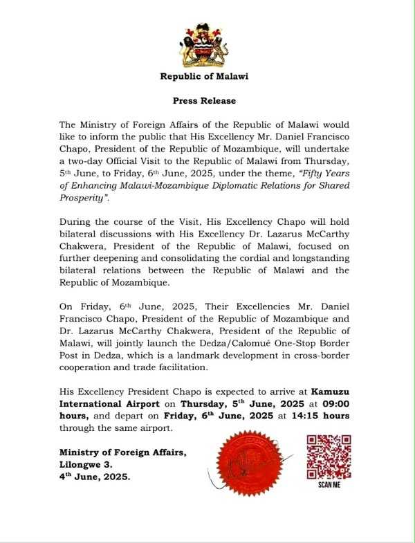Mozambican President Chapo to Visit Malawi