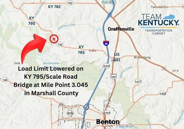 Bridge over Chestnut Creek reduced to 3-ton load limit on KY 795/Scale Road in Marshall County