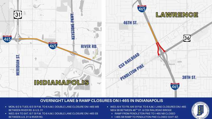 Indianapolis traffic: Expect I-465 and I-65 lane closures June 2