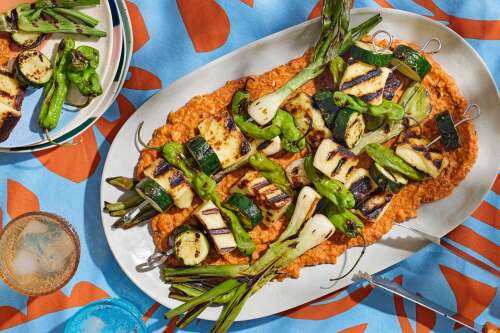Spring onion kebabs with romesco celebrate the season in Spanish style