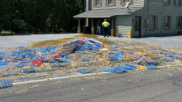 Thousands of egg cartons spilled off a truck in Pennsylvania. A video shows the mess it made