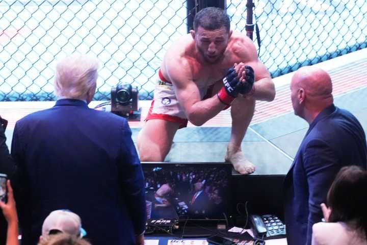 Harrison, Dvalishvili celebrate as 135-pound champions at UFC 316 with President Trump looking on