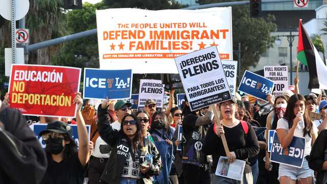 Hundreds protest immigration raids in Los Angeles