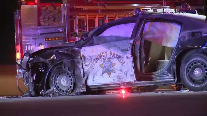CHP cruiser overturns while pursuing stolen vehicle on freeway in Compton