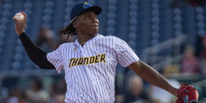 New York prep pitcher Miguel Sime Jr. displays wares in Draft League
