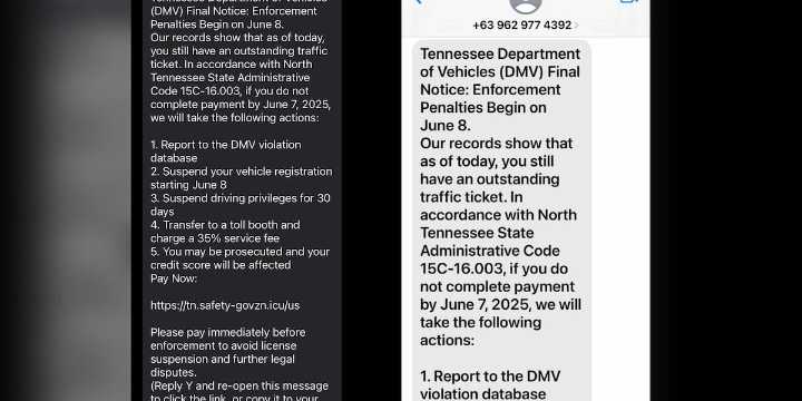 Text scam surfaces involving fake TN Dept. of Vehicles threat