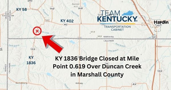 KY 1836 Bridge closed at over Duncan Creek in Marshall County