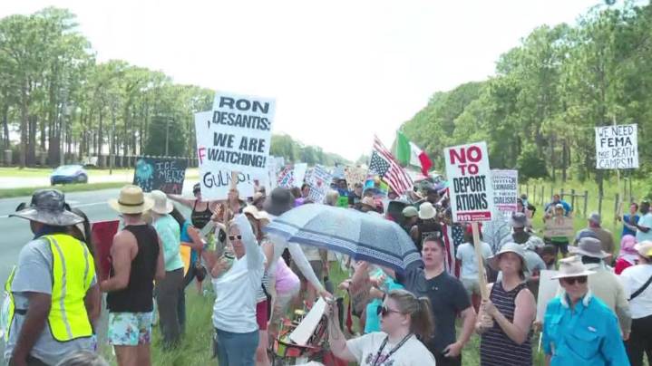 Hundreds gather at Camp Blanding to protest against plans for another immigration detention center
