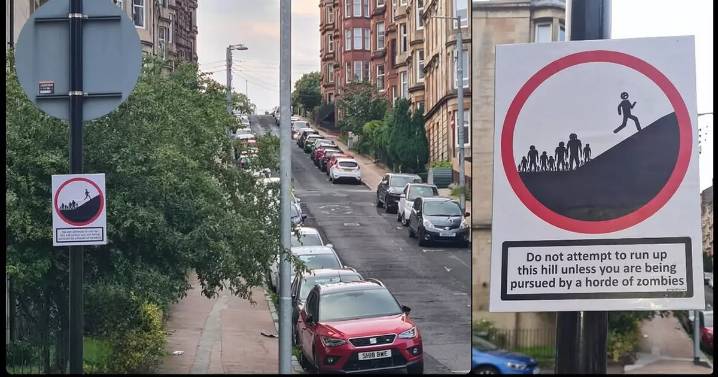 'Horde of zombies' sign warns against climbing Glasgow's famous steep street