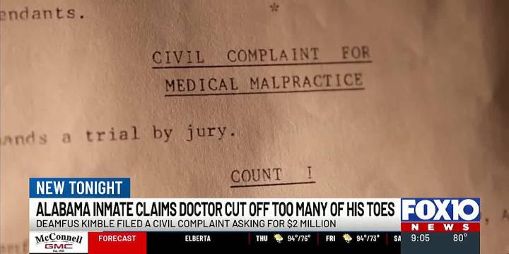Alabama inmate claims doctor cut off too many of his toes
