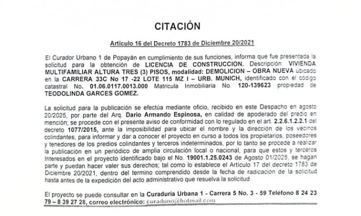 Citación Pública – Solicitud de Licencia de Construcción en Popayán
