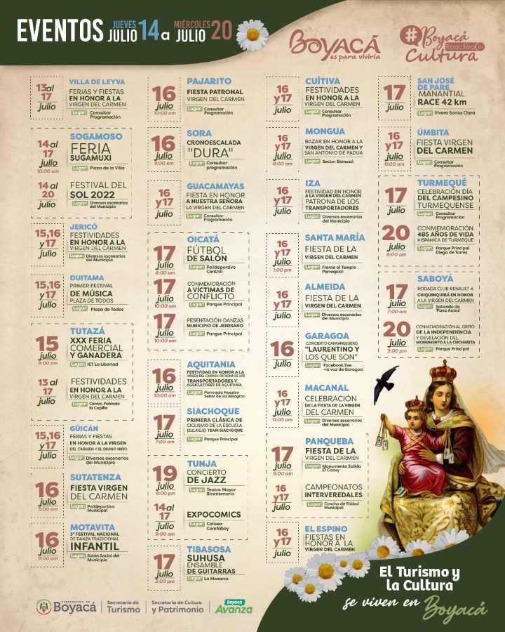 Municipios boyacenses celebran a la Virgen del Carmen y desarrollan otros eventos turísticos