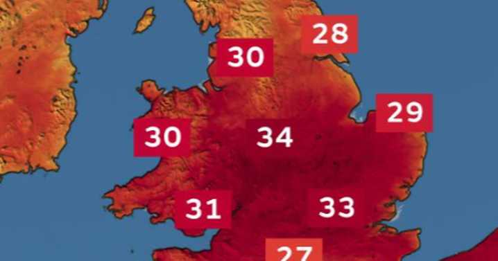 Exact time UK heatwave will peak this week as Met Office forecasts 34C