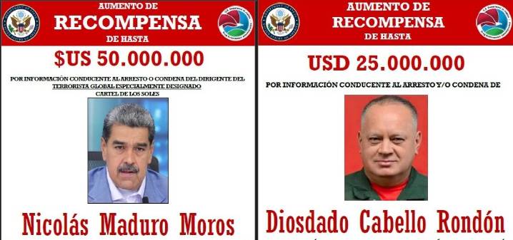 Pancartas en Ecuador y Colombia exhiben recompensa por Maduro y funcionarios venezolanos