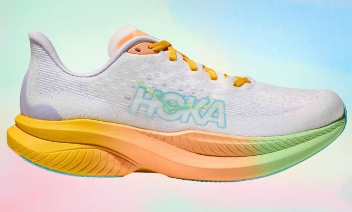 HOKA sneaker sale includes discount on pastel Mach 6 running shoe