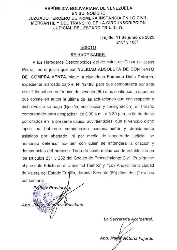 EDICTO. SE HACE SABER: A los Herederos Desconocidos del de cujus de Cesar de Jesús Pérez (26/08/2025)