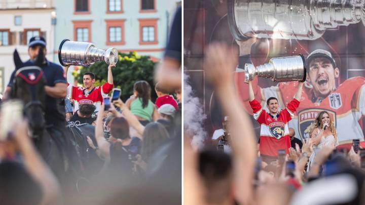 Nosek rides with Stanley Cup on horse-drawn carriage in Czech Republic