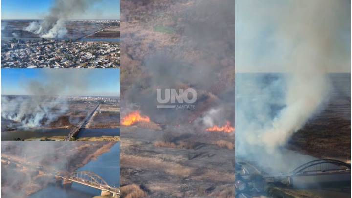 Impresionante incendio en zona de islas frente a Santo Tomé, en cercanías del puente Carretero