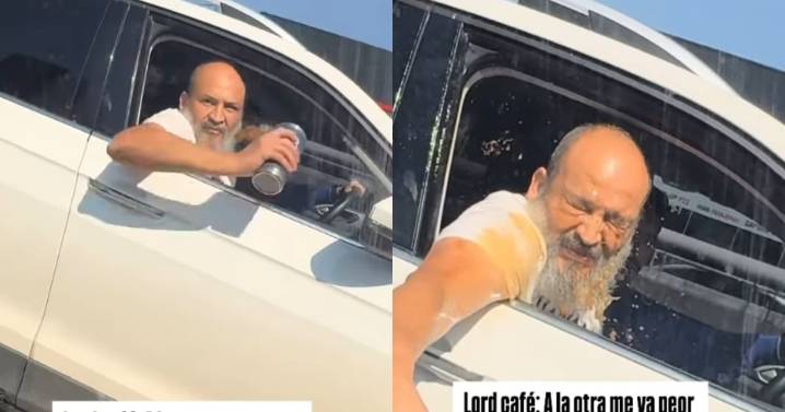 Hombre intenta vaciar café sobre otro auto y termina derramándoselo a sí mismo