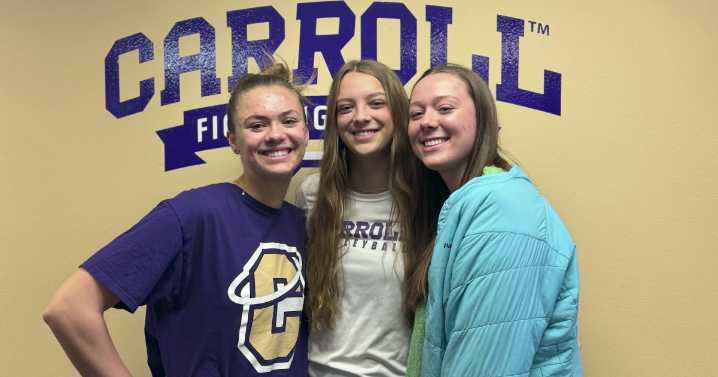 3 sisters sharing volleyball court as Carroll College Saints