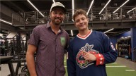 Comedian Matt Rife performs wearing Nash Blue Jackets jersey