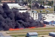 Small plane crashes and hits several parked aircraft in Montana, sparking massive fireball