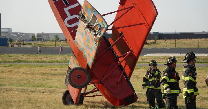 Single-engine biplane lands on nose after leaving runway in Colorado