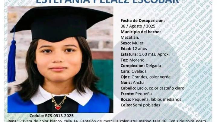 Desaparece niña de 12 años en Mazatlán; piden apoyo para localizar a Estefanía Peláez