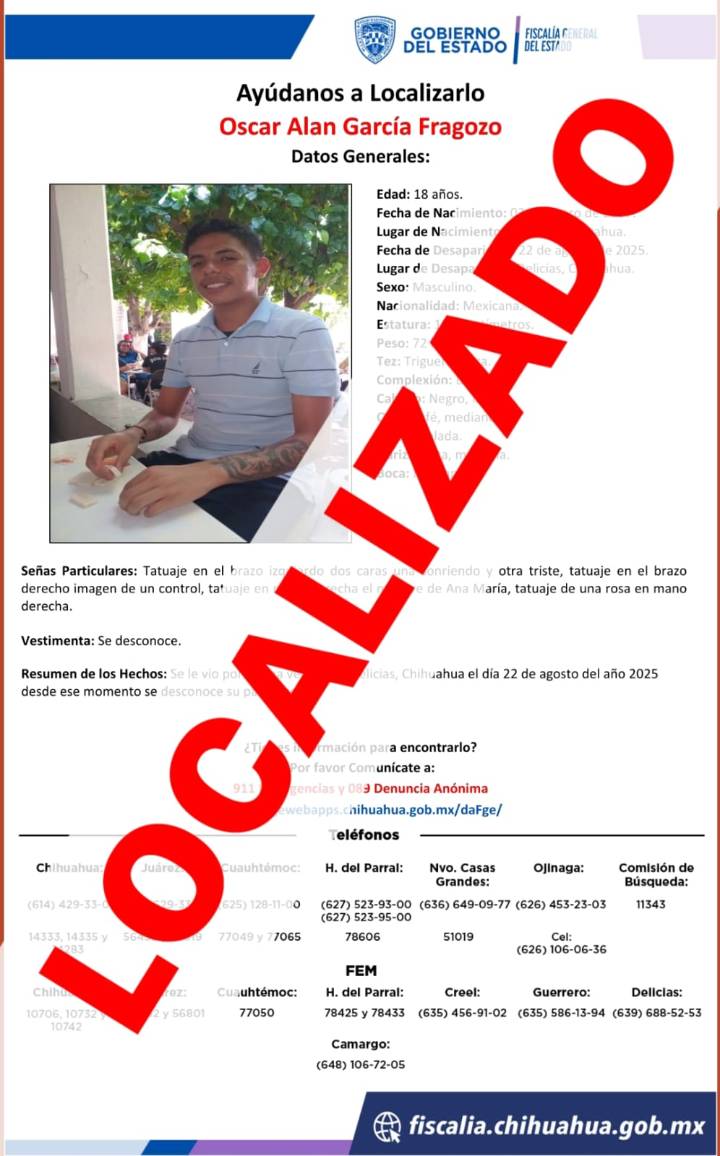 Localiza Fiscalía Centro a joven reportado ausente en Ciudad Delicias