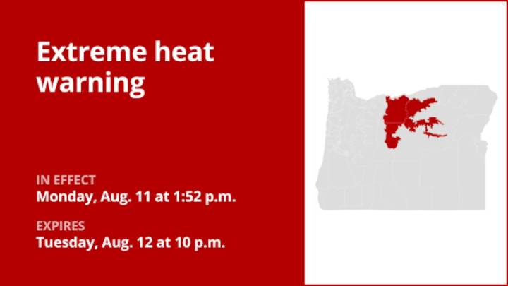 Oregon under an extreme heat warning until Tuesday night – temperatures as high as 102 degrees