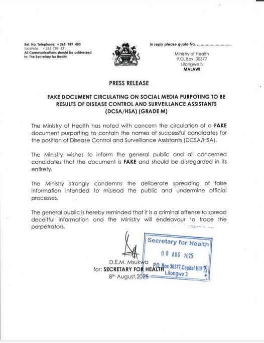 Ministry of Health Denounces Fake DCSA/HSA Recruitment List