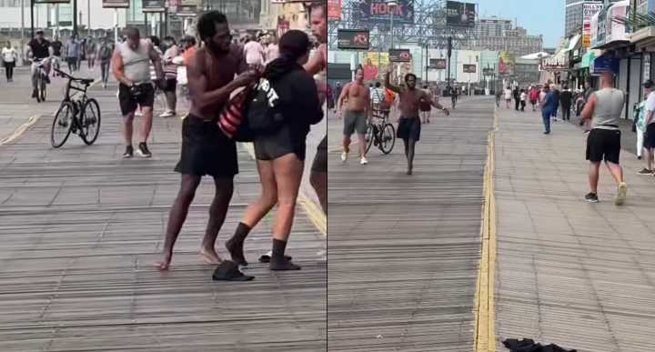 Watch: Video Shows Off-duty cop pulling gun, stopping boardwalk assault suspect pulls knife and flees before arrest