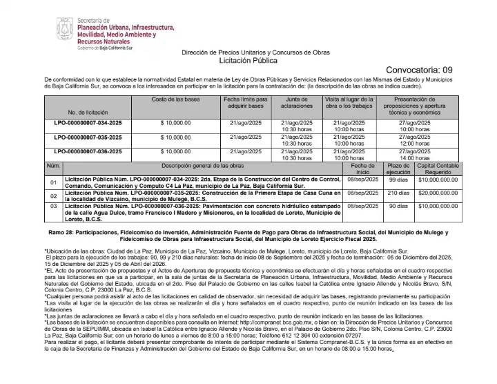 Convocatoria Direccion de Precios Unitarios y Concursos de Obras