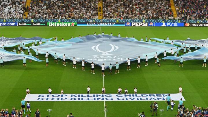 UEFA rolls out ‘Stop Killing Children, Civilians’ banner before Super Cup
